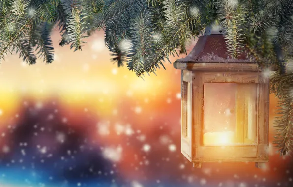 Картинка снег, украшения, елка, Новый Год, Рождество, фонарь, Christmas, snow