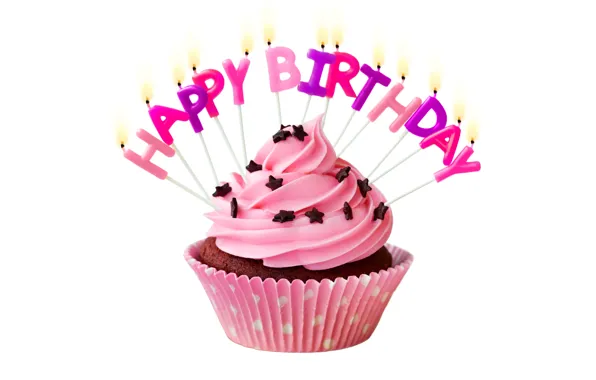 Свечи, cake, крем, Happy Birthday, pink, cupcake, кекс, celebration