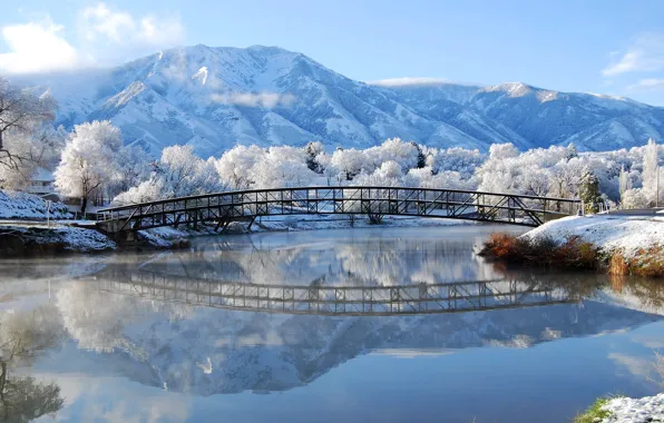 Картинка зима, иней, снег, горы, мост, река, Природа