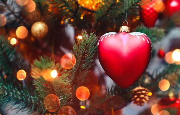 Украшения, lights, огни, сердце, елка, Новый Год, Рождество, гирлянда