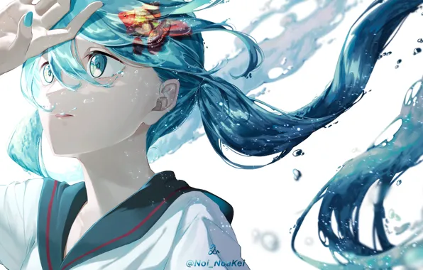 Золотая рыбка, vocaloid, Hatsune Miku, под водой, вокалоид, голубые волосы, хатсуне мику, матроска