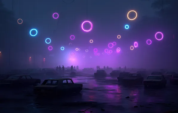 Car, авто, ночь, туман, кольца, неон, силуэт, night