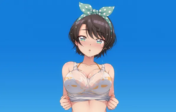 Girl, sexy, wet, cleavage, boobs, anime, beautiful, short hair