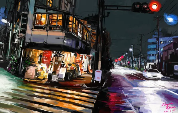 Дорога, ночь, город, огни, Tokyo, art, Shitub52