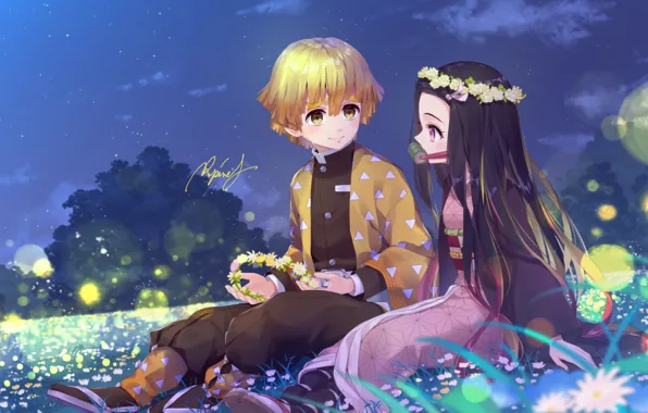 Девушка, природа, парень, Demon Slayer Kimetsu no Yaiba, Клинок Рассекающий Демонов