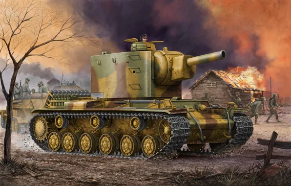 War, art, painting, ww2, Kliment Voroshilov, KV-2, captured tank