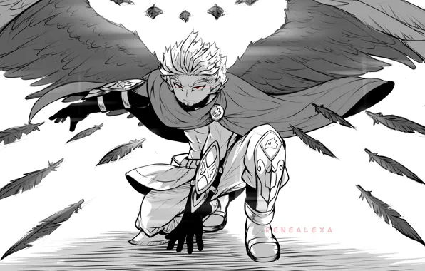 Крылья, ангел, перья, парень, красные глаза, My Hero Academia, Boku No Hero Academia, Моя Геройская …