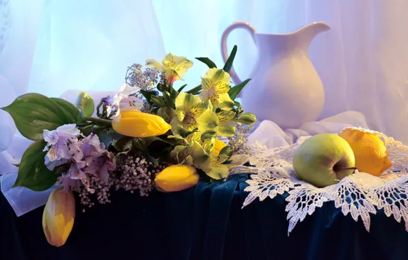 Цветы, кувшин, фрукты, натюрморт