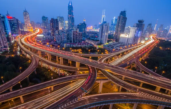 Ночь, город, china, shanghai