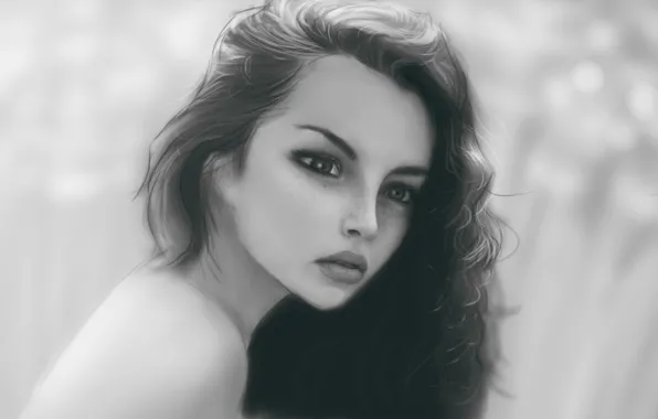 Картинка лицо, губки, длинные волосы, art, размытый фон, портрет девушки, черно- белый, веснуши