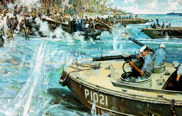 Картинка атака, рисунок, арт, катера, выстрелы, высадка, WW2, морская пехота