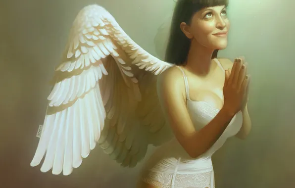 Свет, Девушка, крылья, ангел, молитва