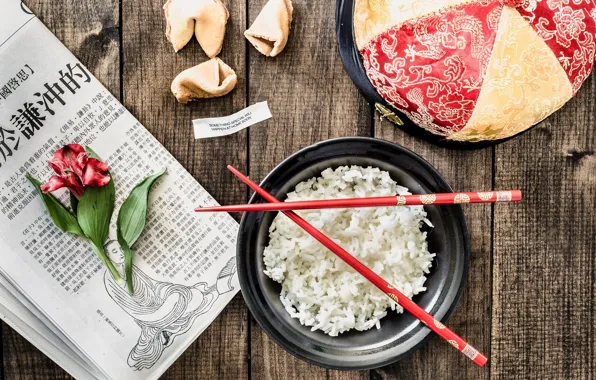 Red, rice, chinese, dinner, chopsticks, fortune, fortunate cookie