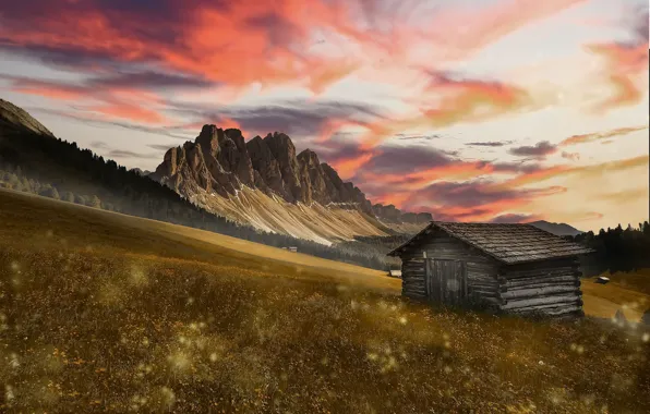 Картинка закат, горы, дом