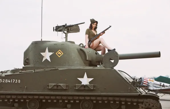 Картинка девушка, оружие, танк, винтовка, средний, M4 Sherman, самозарядная, «Шерман»