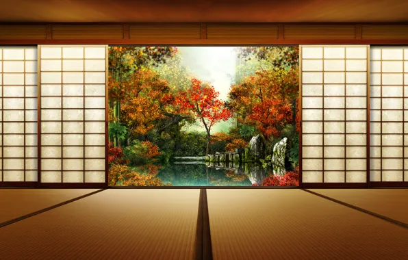 Картинка осень, япония, двери