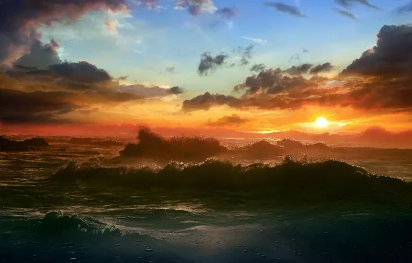 Картинка море, солнце, облака, Волны