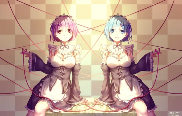 Девушки, лента, демоны, anime, art, сёстры, Ram, горничные