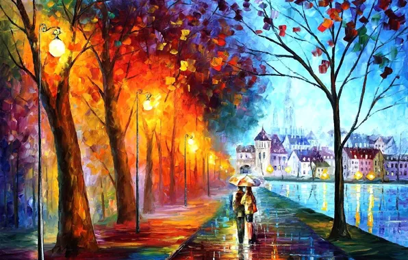 Картинка деревья, город, парк, река, зонтик, дождь, дома, зонт