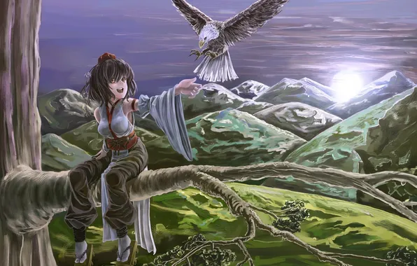 Картинка горы, ночь, дерево, птица, арт, девочка, touhou, shameimaru aya