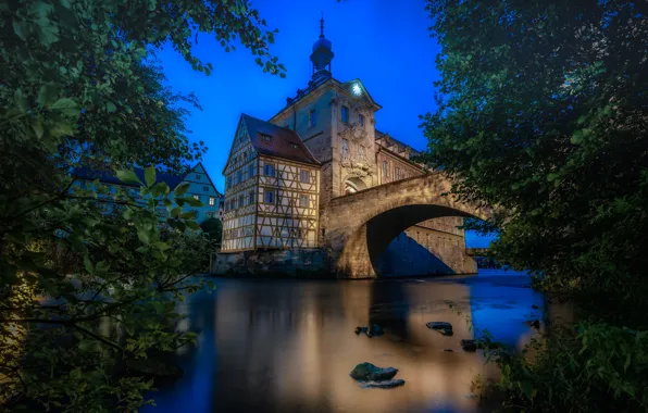 Деревья, мост, река, здание, Германия, Бавария, Germany, Bamberg