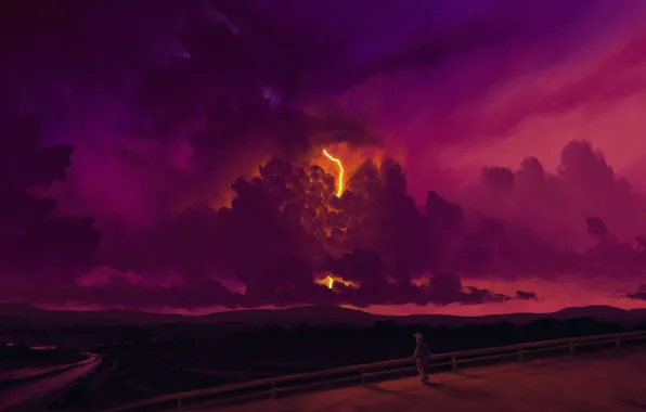 Twilight, river, sky, lightning, sunset, art, clouds, evening