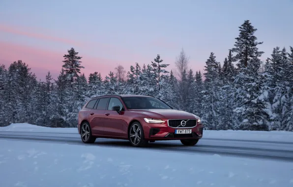Зима, дорога, car, снег, деревья, дизайн, Volvo, road