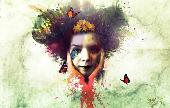 Картинка девушка, бабочки, лицо, краска, пятна