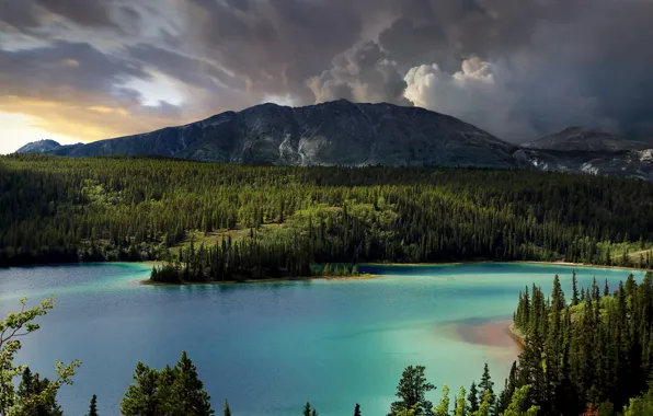 Облака, деревья, горы, Канада, Canada, красота природы, Emerald Lake, Yukon