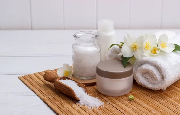 Цветы, камни, полотенце, мыло, спа, жасмин, морская соль