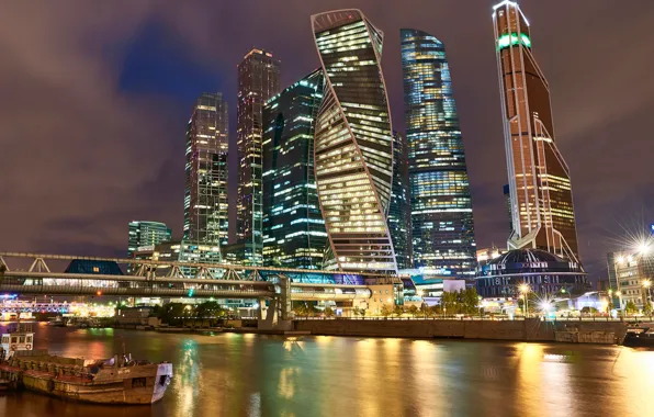 Мост, река, здания, Москва, Россия, ночной город, небоскрёбы, Москва-Сити