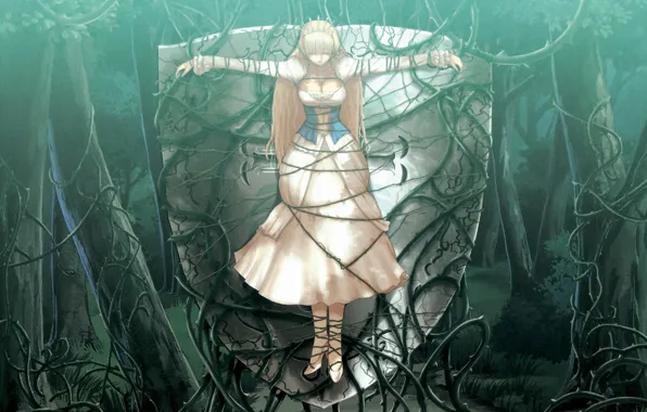 Деревья, шипы, щит, длинные волосы, art, shining wind, распятие, лианы