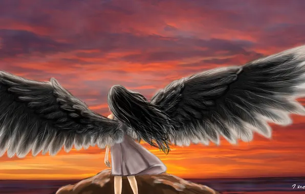 Картинка море, небо, девушка, закат, спина, крылья, ангел, аниме