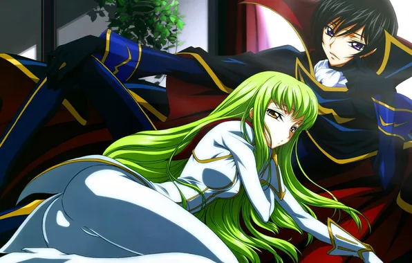 Девушка, костюм, парень, зеленые волосы, code geass, c.c., lelouch lamperouge