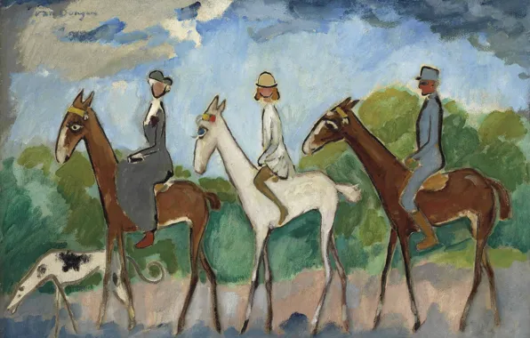 Картинка масло, собака, холст, лошадки, Kees van Dongen, фовизм, Верховая езда, Прогулка на лошадях