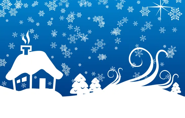 Картинка снежинки, синий, дом, новый год