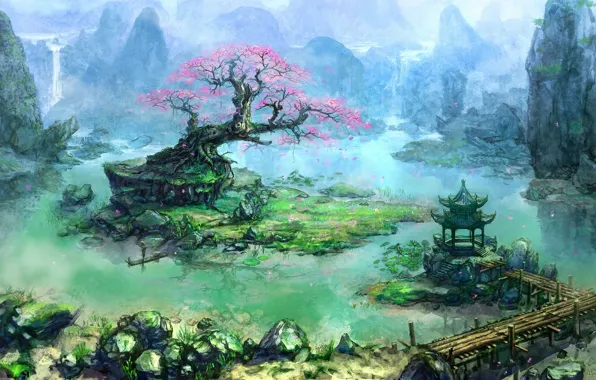 Картинка деревья, горы, мост, река