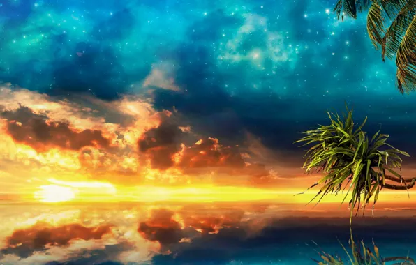 Море, небо, закат, пальмы, sea, sunset, palm