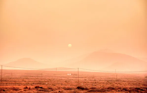 Desert, sunset, dust, hills, telephone line