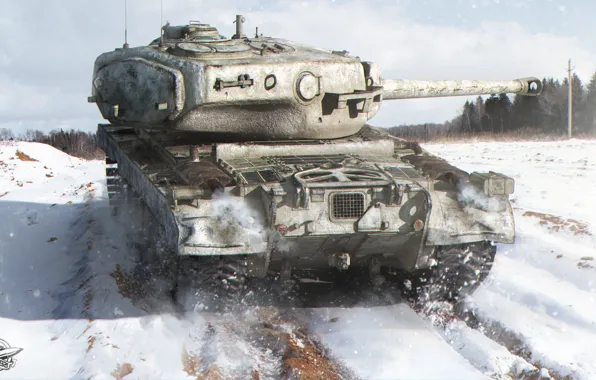 Картинка зима, поле, лес, снег, танк, американский, тяжелый, World of Tanks