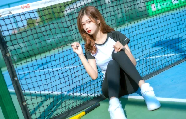 Ball, net, Young girl, sit on ground