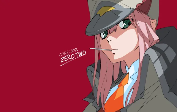 Взгляд, девушка, кепка, красный фон, 002, Darling In The Frankxx, Милый во Франксе, Zero Two