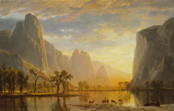 Картинка животные, пейзаж, горы, озеро, картина, Долина Йосемити, Альберт Бирштадт