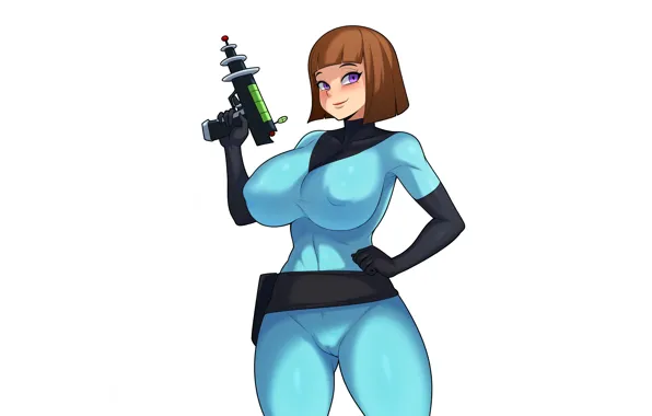 Girl, gun, sexy, erect nipples, brown hair, boobs, anime, beautiful