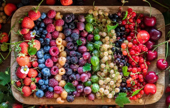 Картинка вишня, ягоды, малина, черника, клубника, много, смородина, крыжовник