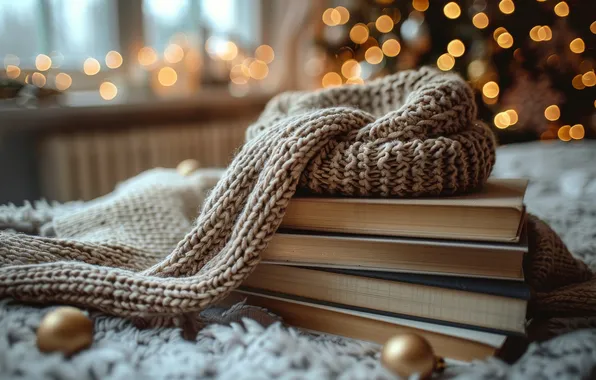 Шарики, огни, уют, тепло, книги, шарф, Рождество, Новый год