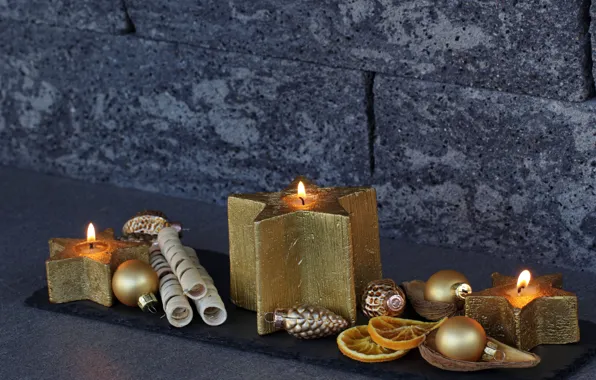 Картинка золото, праздник, новый год, свечи, декор