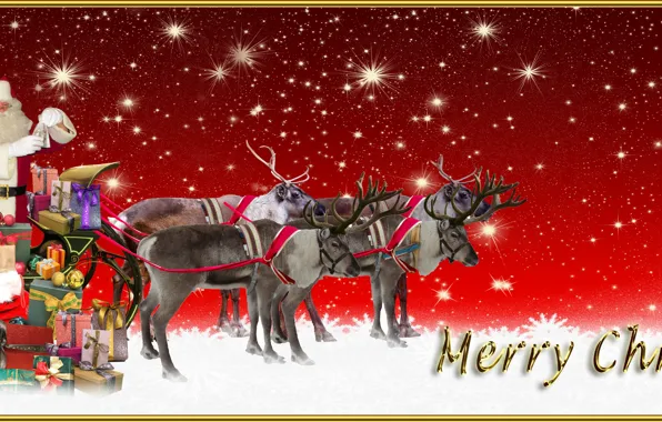 Звезды, Рождество, Новый год, Санта Клаус, Олени, Merry Christmas, Сани, Развозит подарки