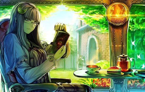 Картинка девушка, стол, чай, череп, окно, арт, очки, книга