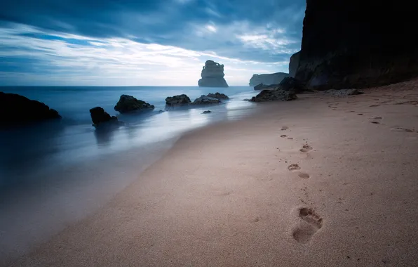 Песок, море, пляж, следы, океан, скалы, Австралия